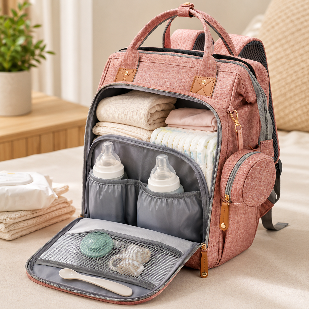 A pink diaper backpack shown open on a bed, filled with folded baby clothes, bottles, and diapers. The backpack has multiple compartments, side pockets, and tan leather-look accents, with a soft neutral bedroom background.