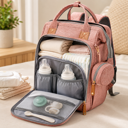 A pink diaper backpack shown open on a bed, filled with folded baby clothes, bottles, and diapers. The backpack has multiple compartments, side pockets, and tan leather-look accents, with a soft neutral bedroom background.