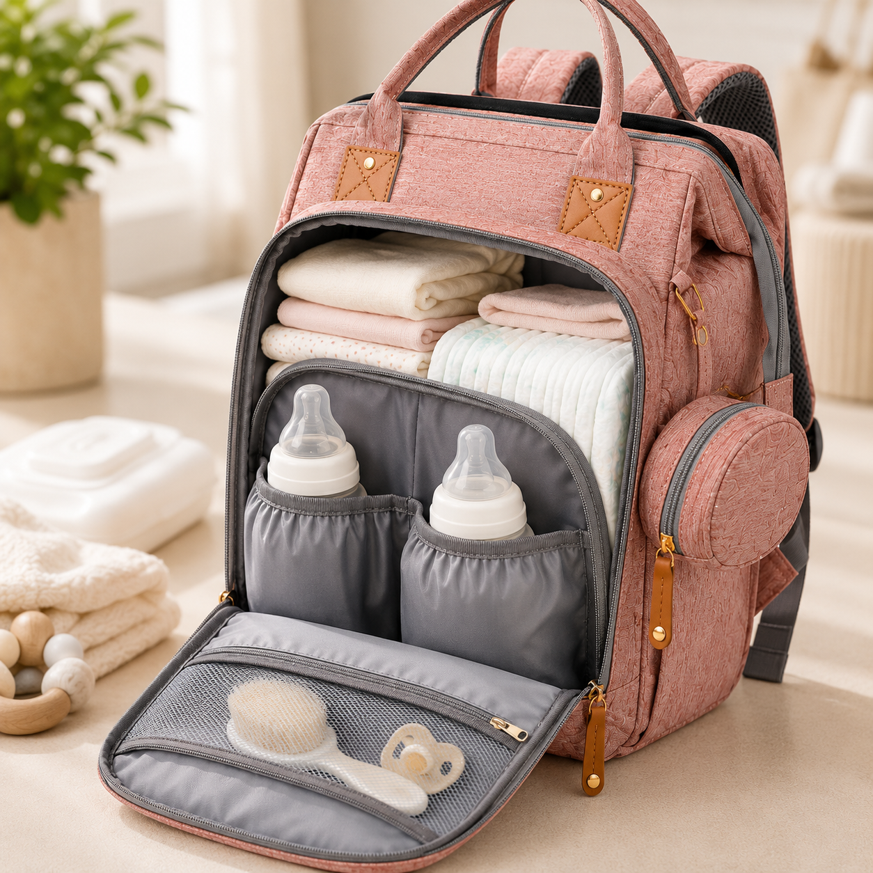 A pink and gray diaper backpack shown open, filled with folded baby clothes, two baby bottles, a brush, and a pacifier. The backpack is photographed in a softly lit indoor setting with a plant and folded textiles in the background.