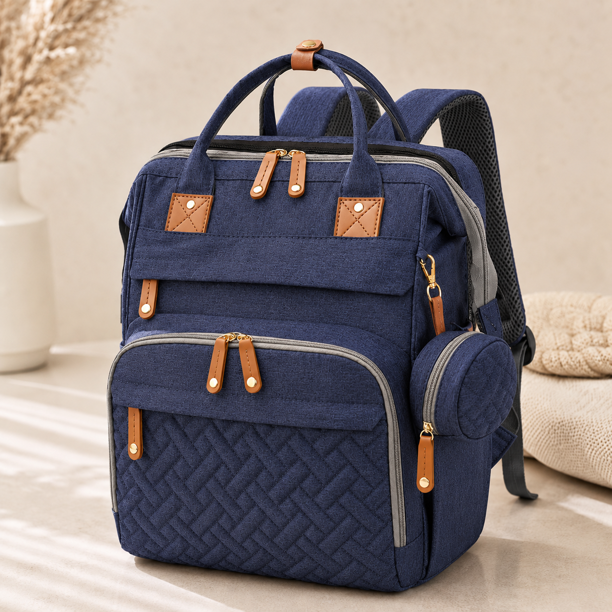 A navy blue fabric backpack with quilted front pockets, brown faux-leather zipper pulls and trim, and gray piping, shown on a light beige surface with a soft neutral background.