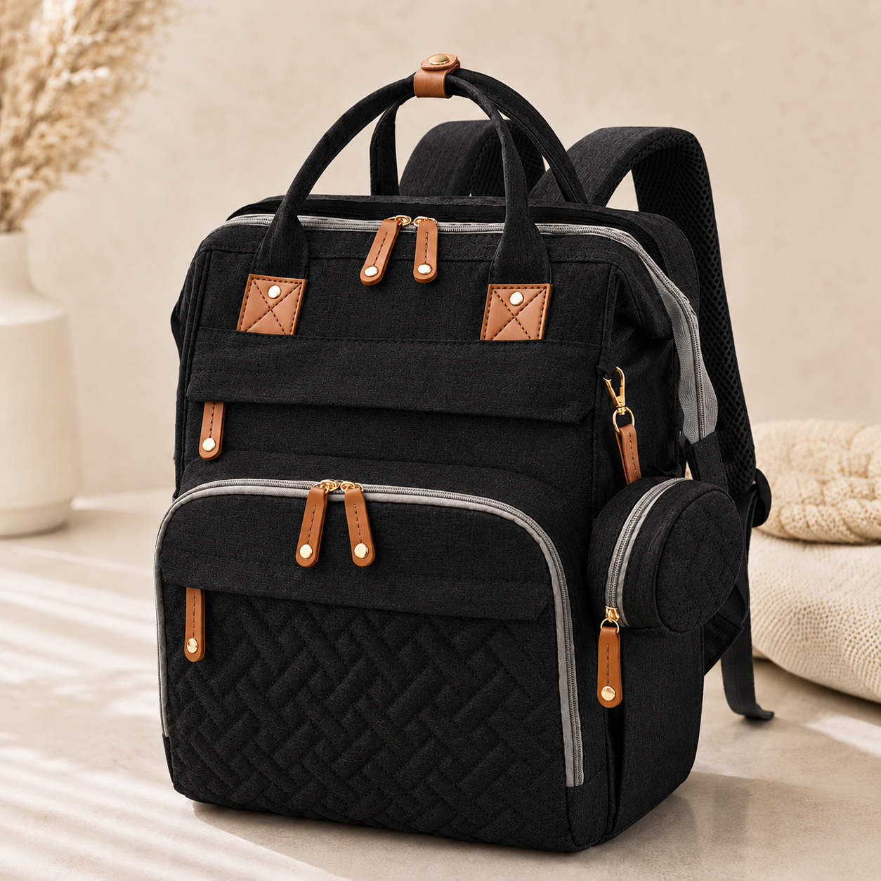 A black multi-compartment backpack with tan faux-leather accents and gray piping, shown on a neutral beige surface with a soft, styled background.